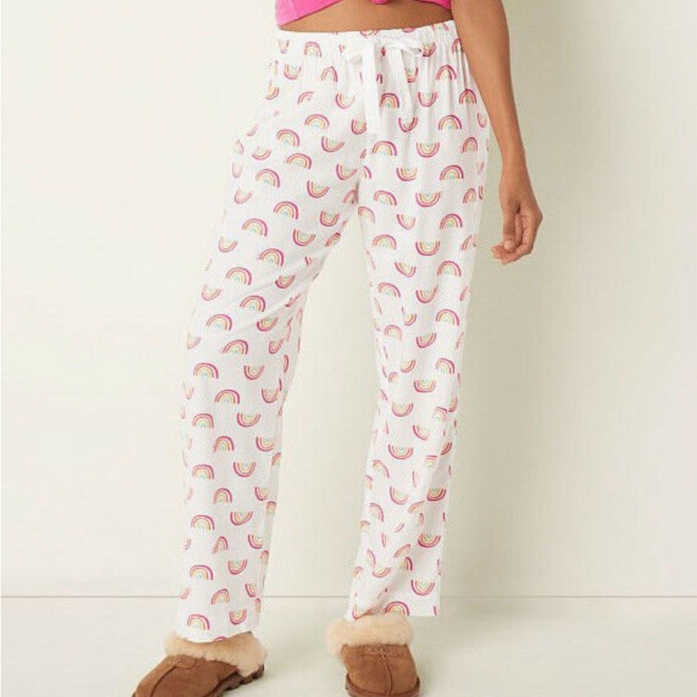 PINK Victoria's Secret White Pajama Pants Rainbow Print Women’s Large Lounge